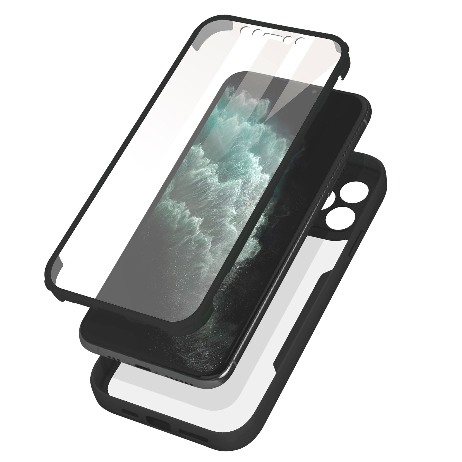 Un téléphone, une coque et un protecteur d'écran, tous superposés et légèrement séparés.