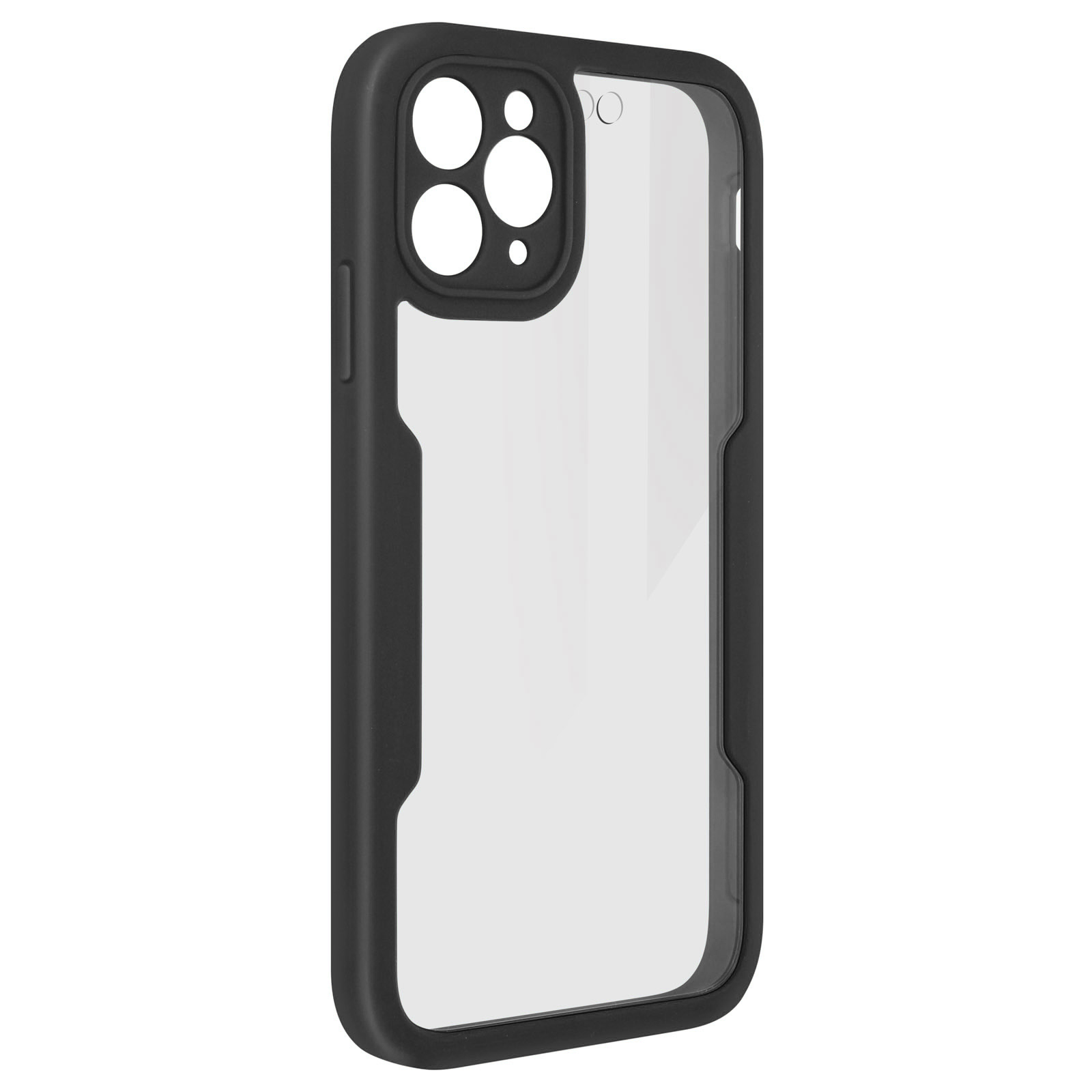 Coque de téléphone noire avec dos transparent, avec découpes pour l'appareil photo et les boutons latéraux.
