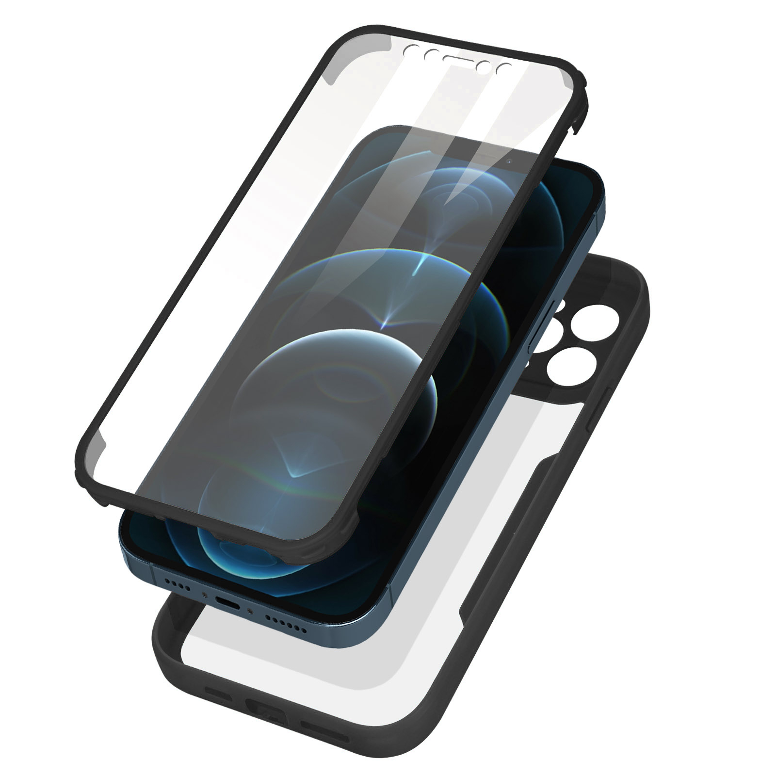 Telefoon met schermbeschermlagen. Telefoon is blauw. Beschermers: scherm, zwart frame, telefoonhoes.