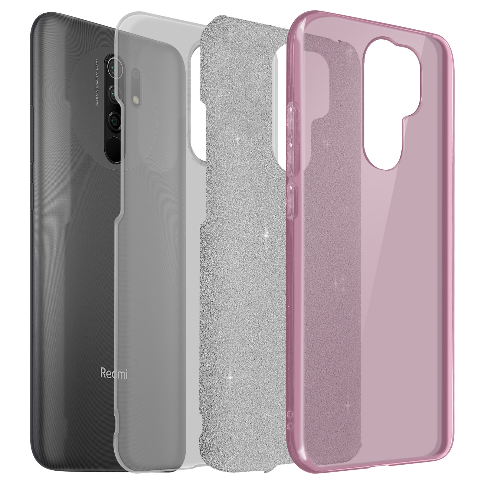 Telefoonhoesjes set: zwarte telefoon, transparante, glitter en roze hoesjes. Redmi logo zichtbaar.