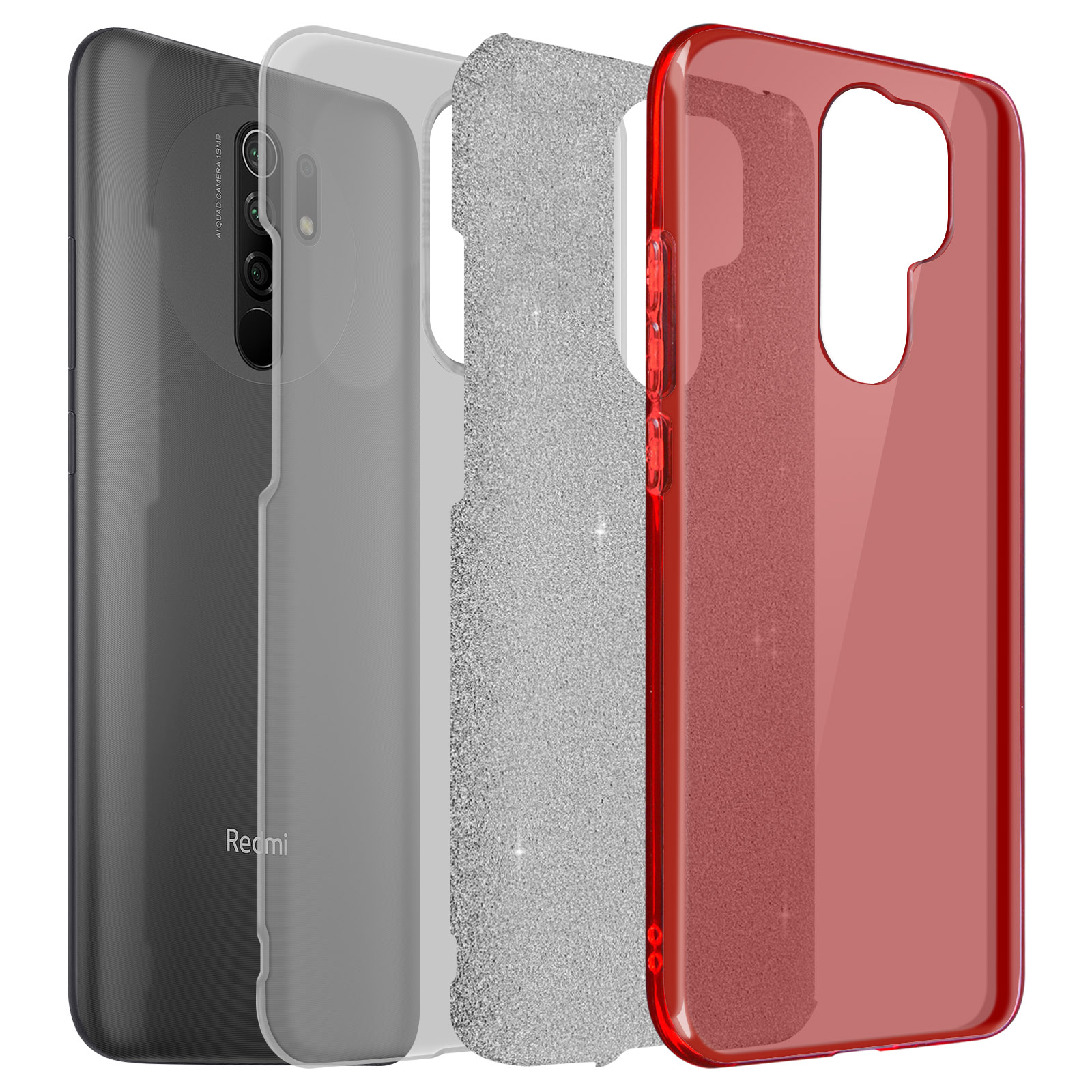 Vier telefoonhoesjes: zwart, transparant, glitter en rood. De hoesjes zijn in verschillende kleuren en materialen.