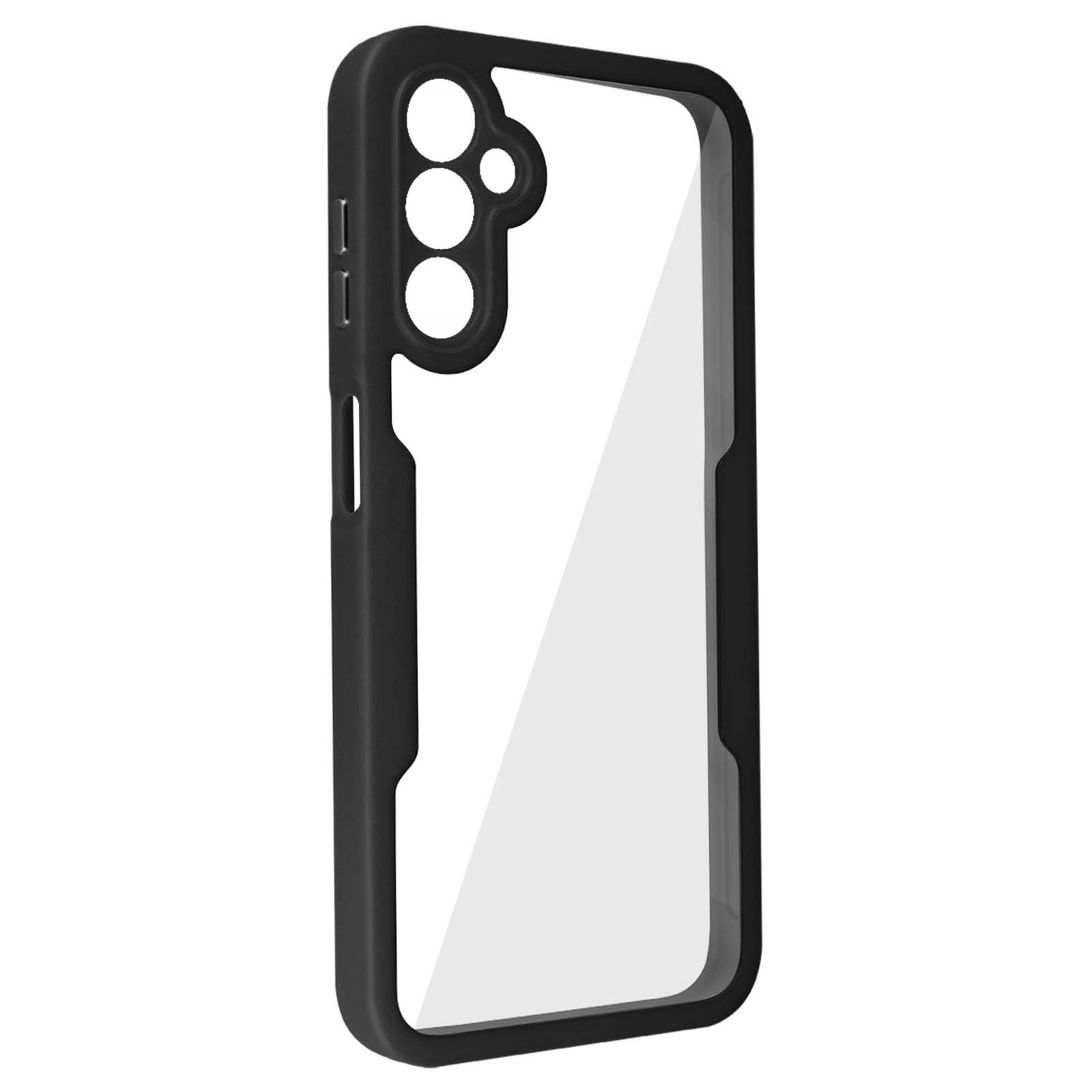 Una custodia per telefono nera con retro trasparente e bordi neri, su sfondo bianco.