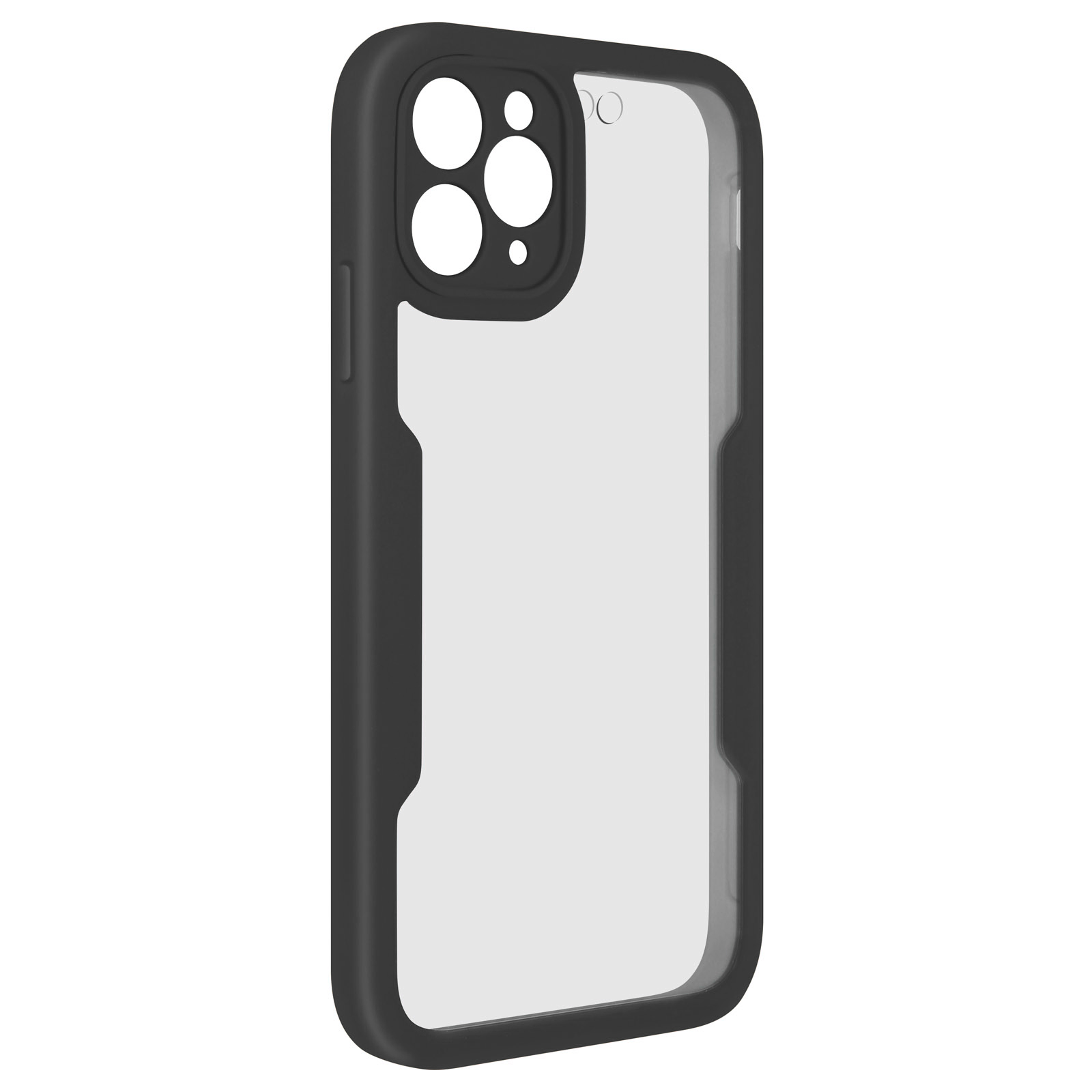 Coque de téléphone noire et transparente avec découpes pour caméra.