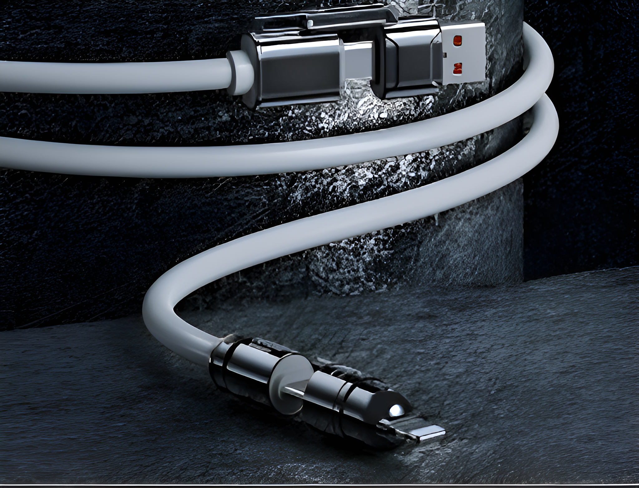 Ein weißes Ladekabel mit metallischen Enden. Das obere Ende ist ein USB-Anschluss, das untere für ein Telefon.