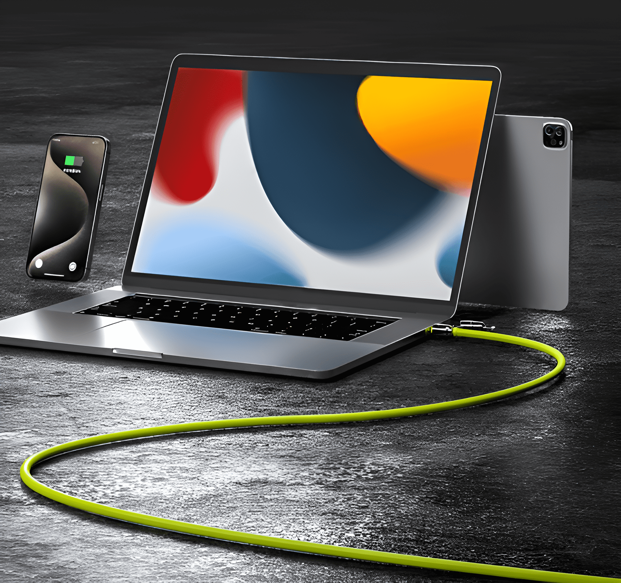 Laptop, Smartphone und Tablet auf dunkler Oberfläche. Ein Ladekabel verbindet den Laptop.
