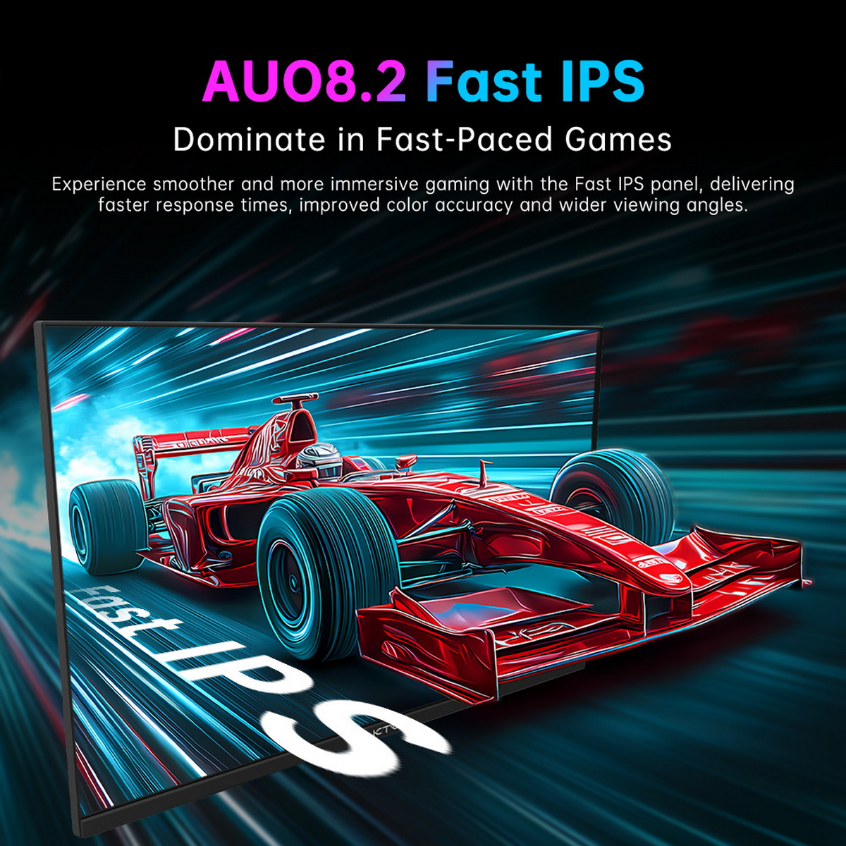 Czerwony samochód wyścigowy na ekranie z tekstem 'Fast IPS'.