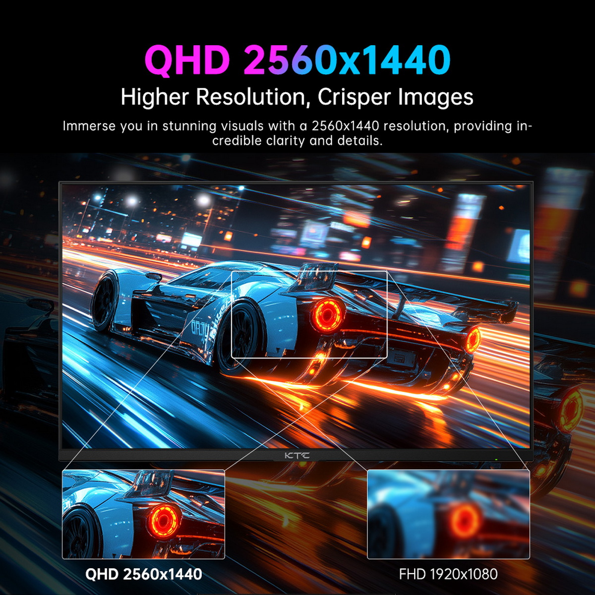 Samochód wyścigowy na monitorze. Ekran wyświetla rozdzielczość QHD 2560x1440.