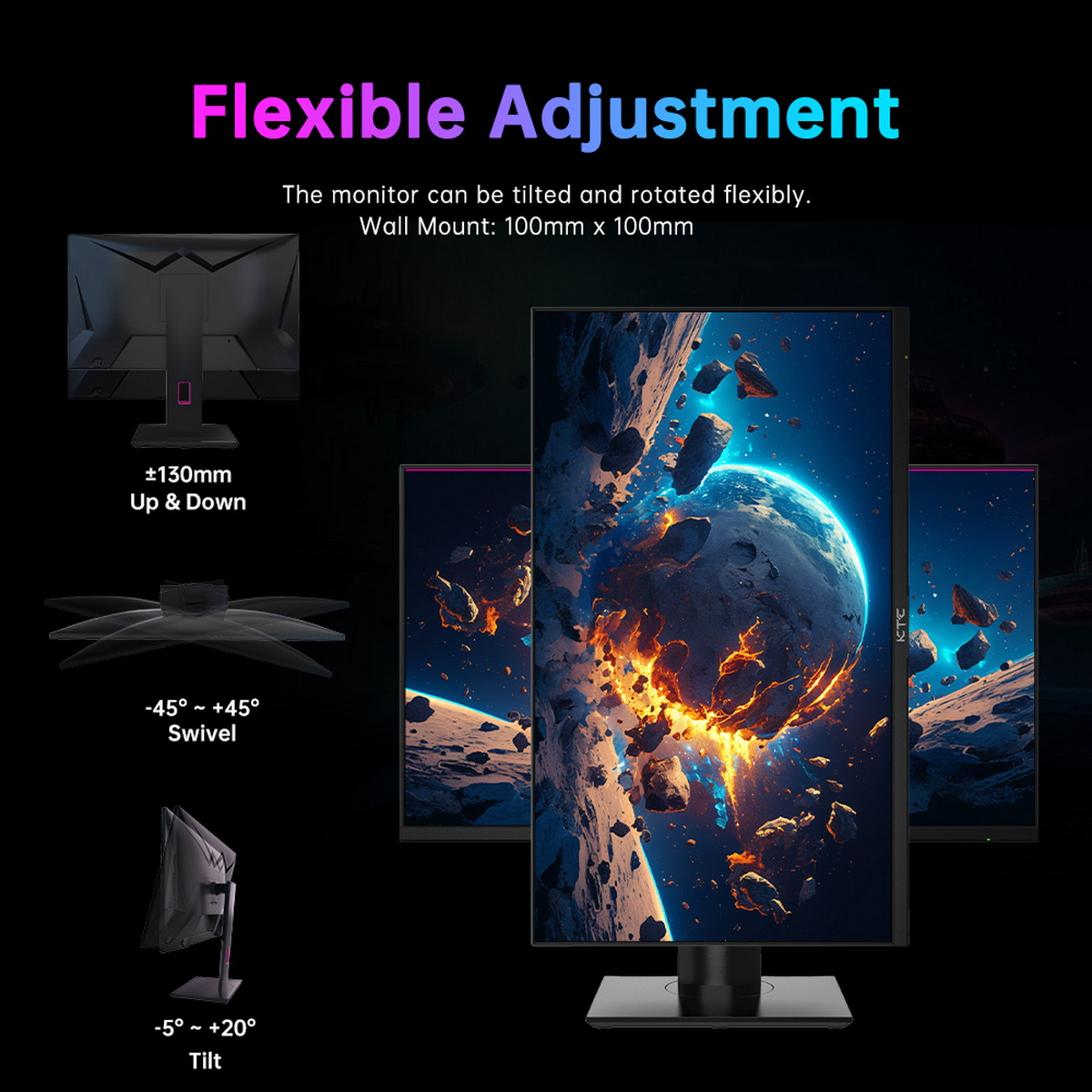 Computer-Monitor mit flexiblen Einstellmöglichkeiten, Text auf Englisch.