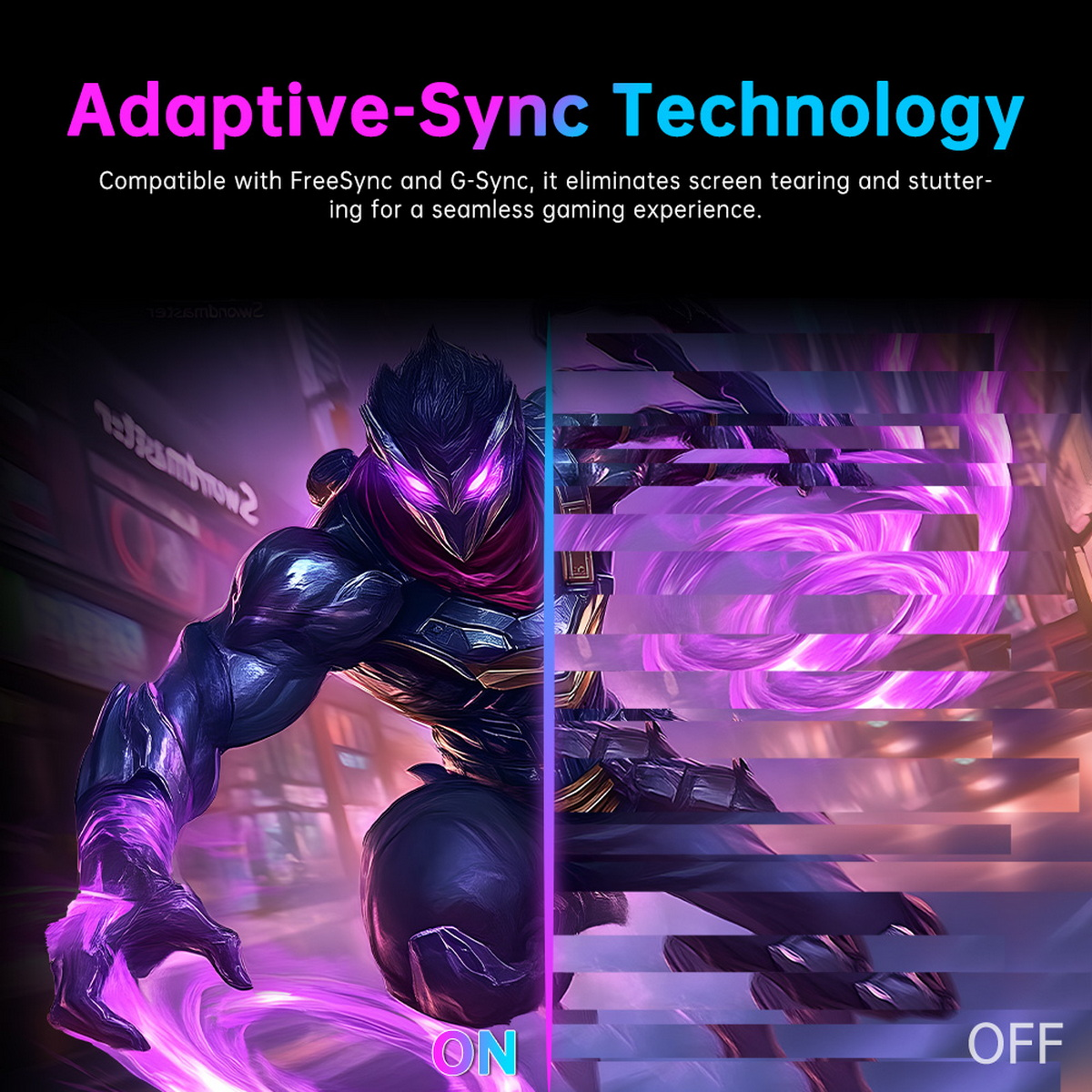 Obraz przedstawia postać z fioletowym oświetleniem, ze słowami technologia Adaptive-Sync.