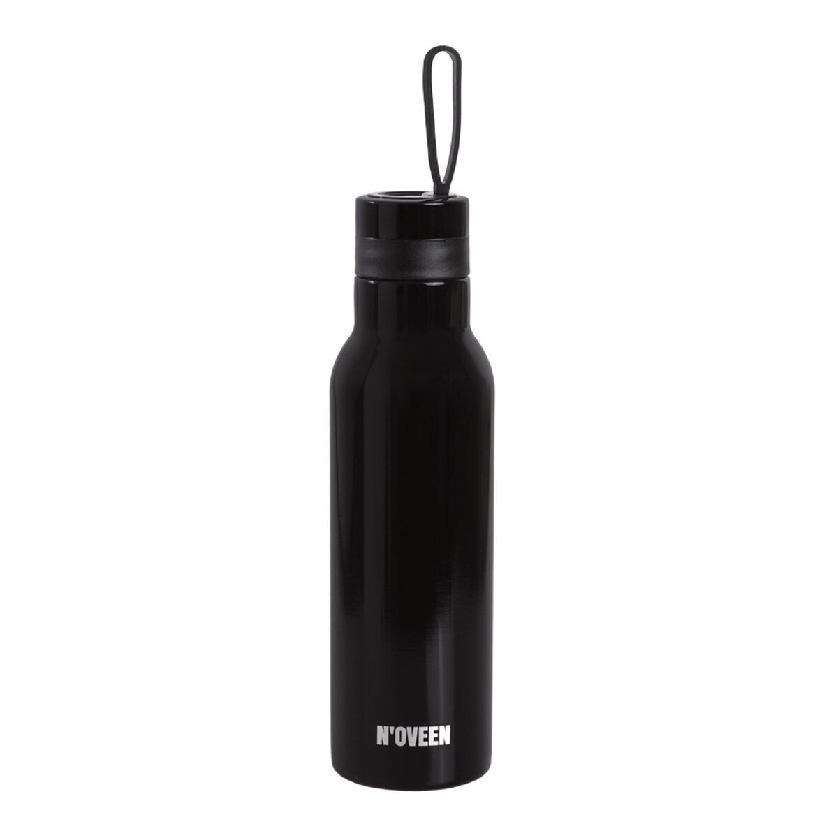 Schwarze Edelstahl-Wasserflasche mit schwarzer Schlaufe auf weißem Hintergrund.