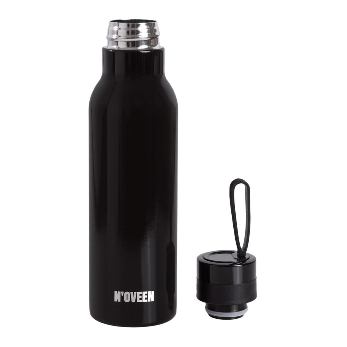 Eine schwarze Wasserflasche mit silbernem Deckel und schwarzem Deckel. Die Flasche trägt den Markennamen.