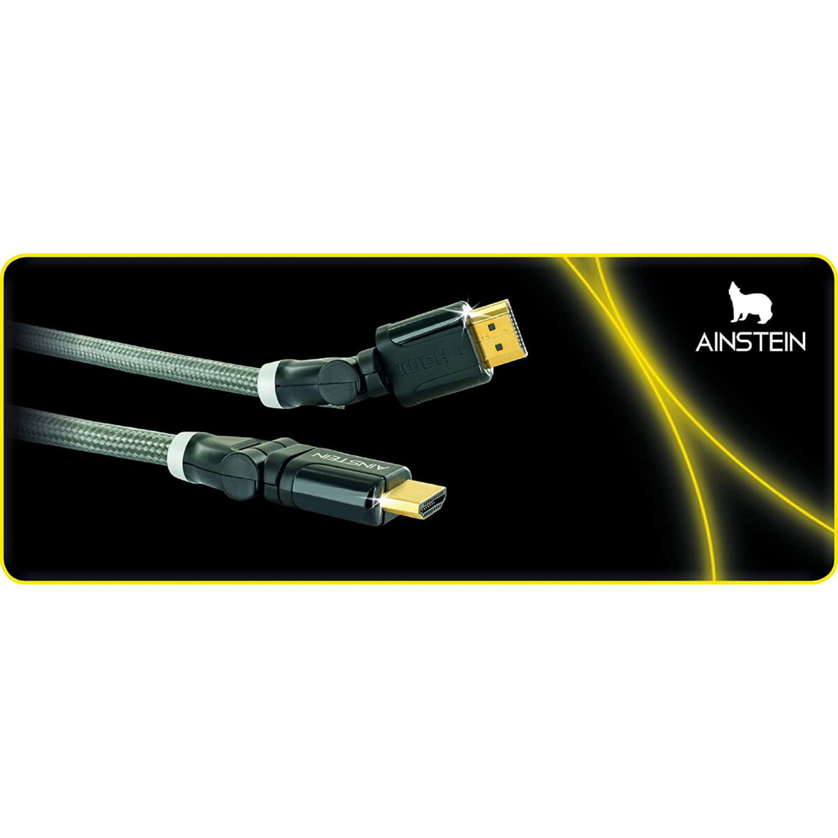 Zwei schwarze und silberne HDMI-Kabel auf schwarzem Hintergrund.