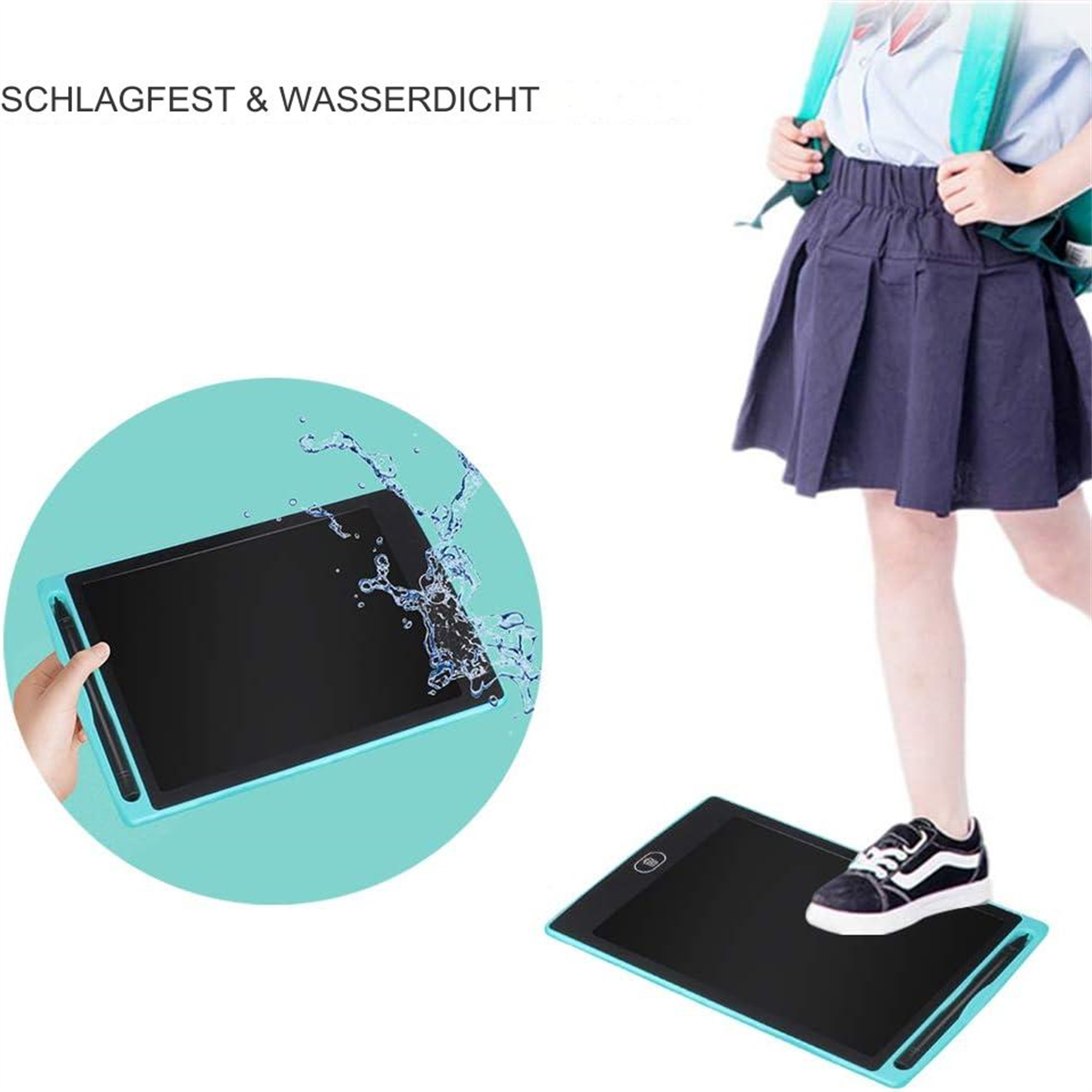 Ein Kind geht neben einem Tablet. Das Tablet liegt auf einem Tisch, Wasser spritzt darauf.