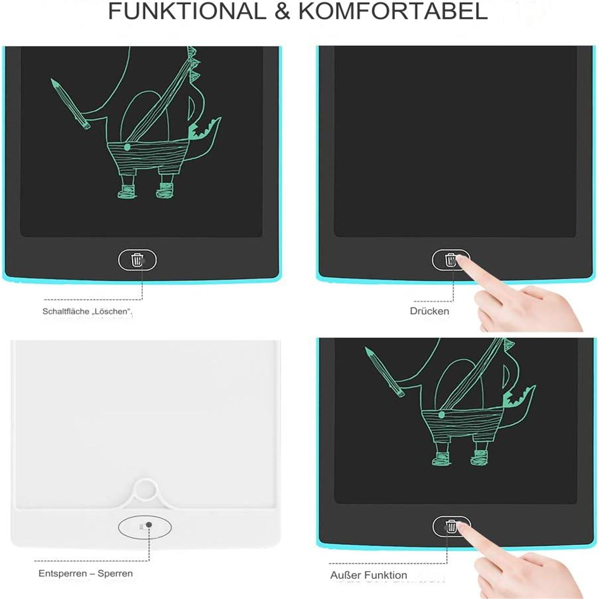 Vier Bilder eines Zeichentabletts mit verschiedenen Funktionen.