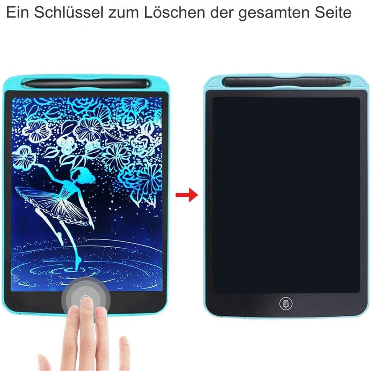 Zwei Tablets. Eins mit Zeichnung, das andere schwarz. Finger berührt Zeichnung zum Löschen.