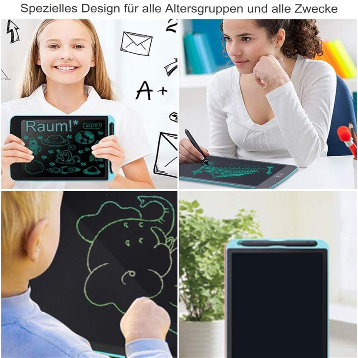 Vier Bilder zeigen Kinder und Erwachsene mit Zeichentabletts. Text: Spezielles Design für alle Altersgruppen.