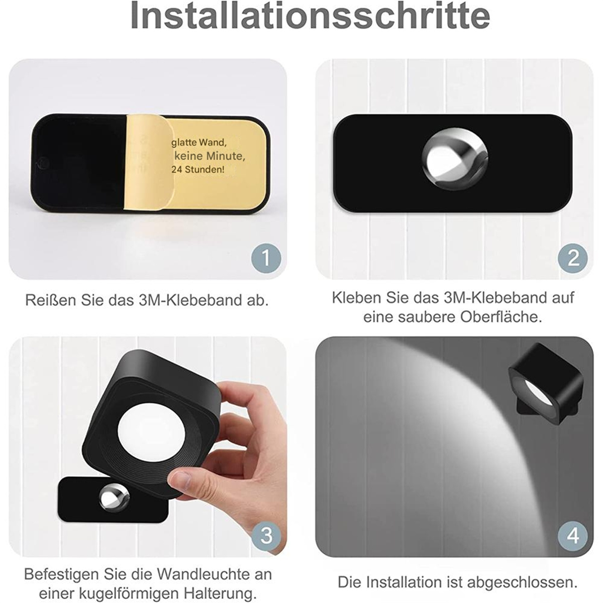 Vierstufige Installationsanleitung. Zeigt ein schwarzes, quadratisches Objekt mit Klebstoff und eine Wandhalterung.