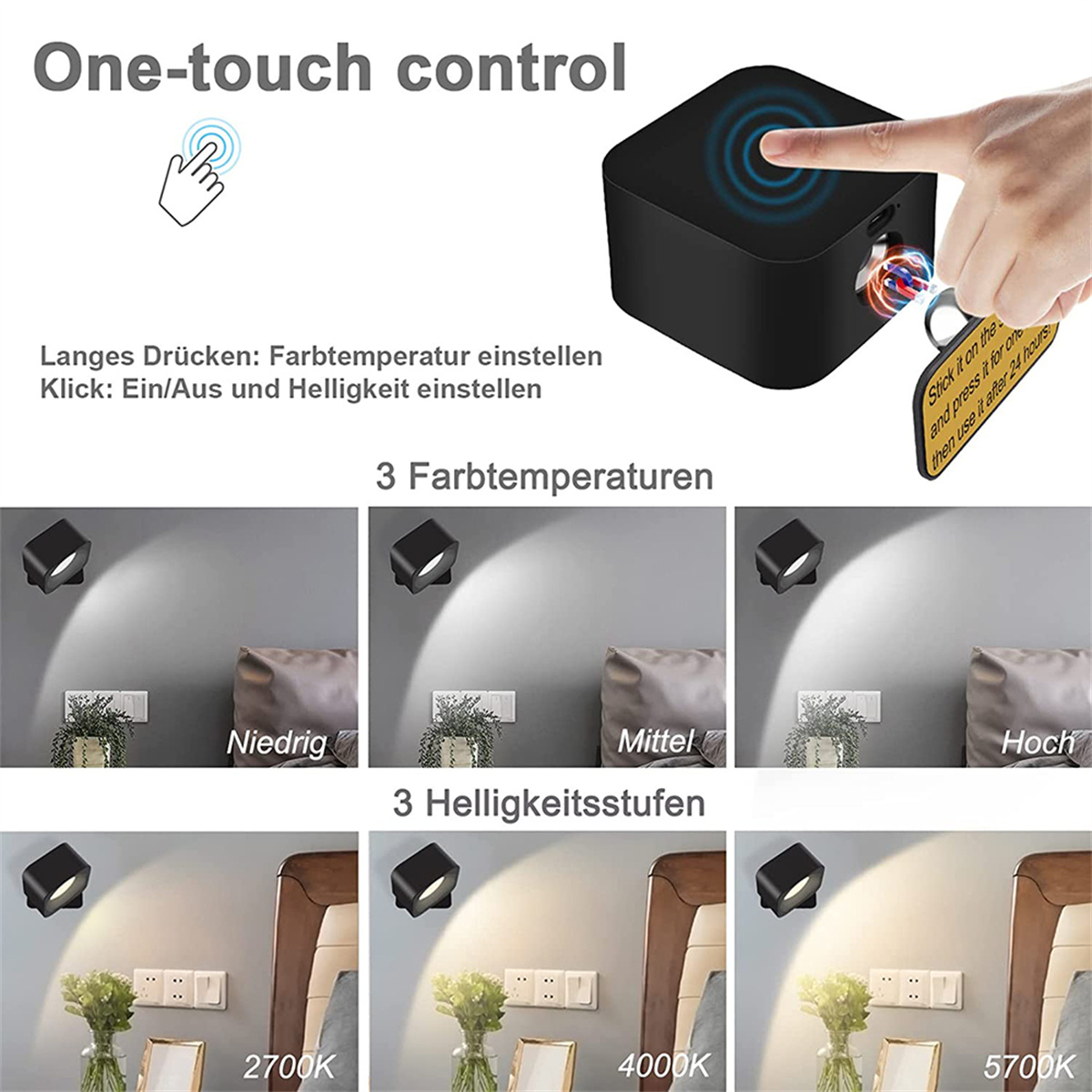Schwarze quadratische Lampe mit Touch-Steuerung und Beispielen für verschiedene Lichter.