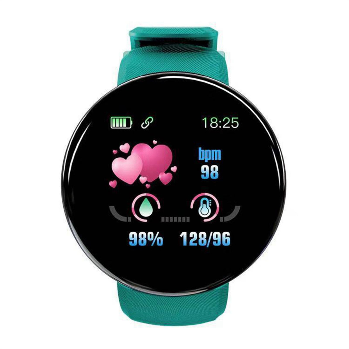 Eine türkisfarbene Smartwatch zeigt Gesundheitsmetriken: Herzfrequenz, bpm und Blutsauerstoffsättigung.