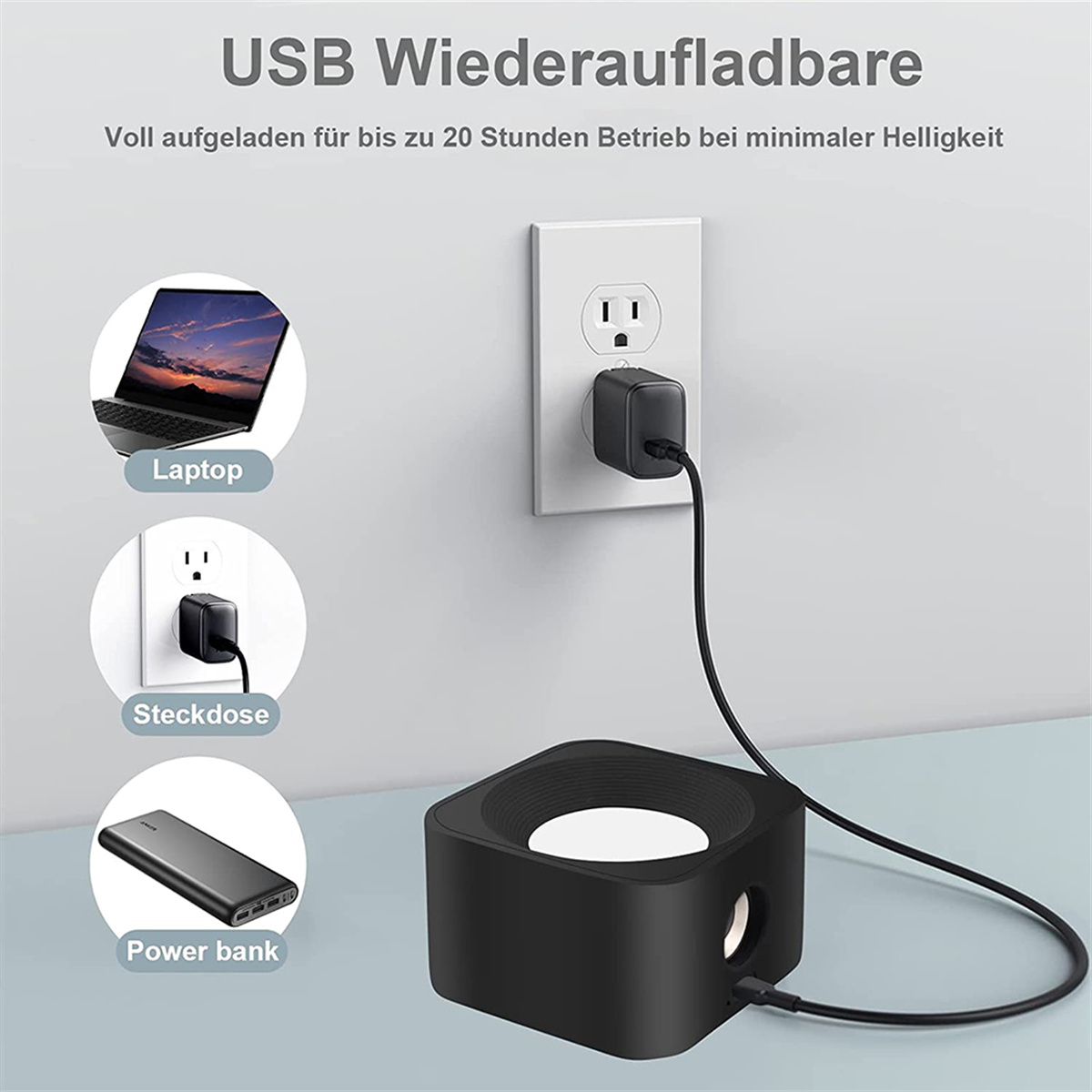 Schwarzes Ladegerät an einer Steckdose. Laptop, Steckdose und Powerbank sind abgebildet.