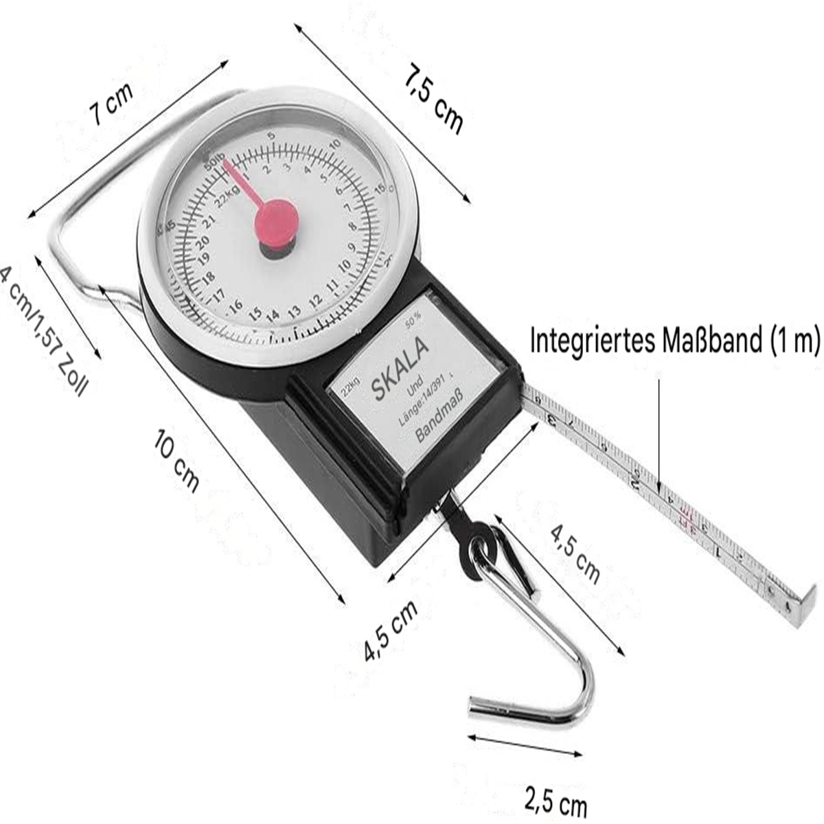 Handwaage mit Maßband. Schwarz und weiß, mit beschrifteten Abmessungen.