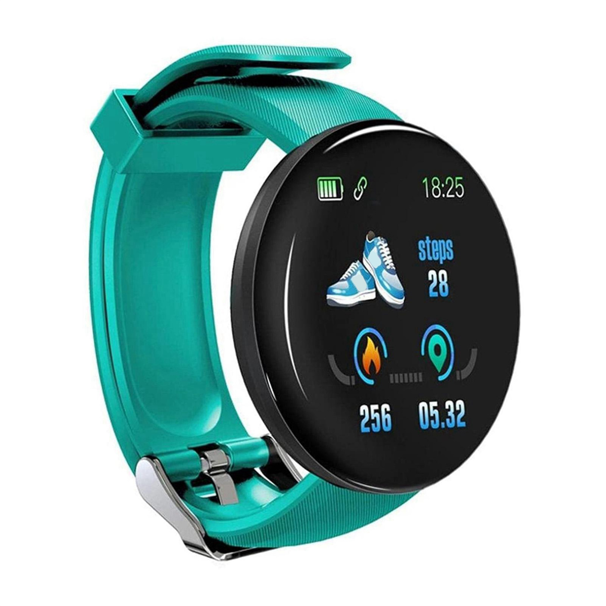 Eine türkisfarbene Smartwatch mit einem schwarzen kreisförmigen Bildschirm, der Schritte, Zeit und andere Gesundheitsdaten anzeigt.