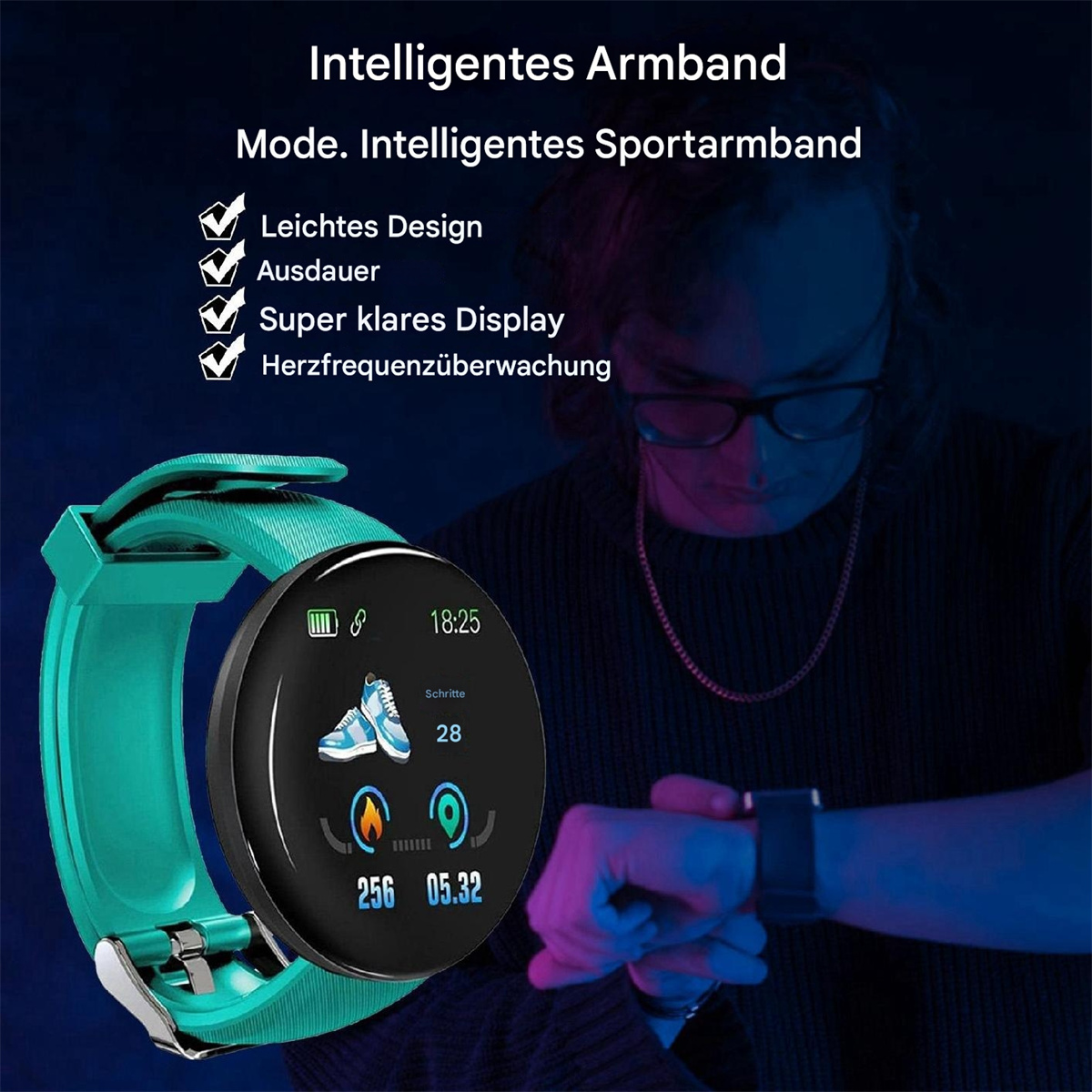 Smartwatch am Handgelenk, türkisfarbenes Armband. Anzeige zeigt Zeit, Schritte, Herzfrequenz.