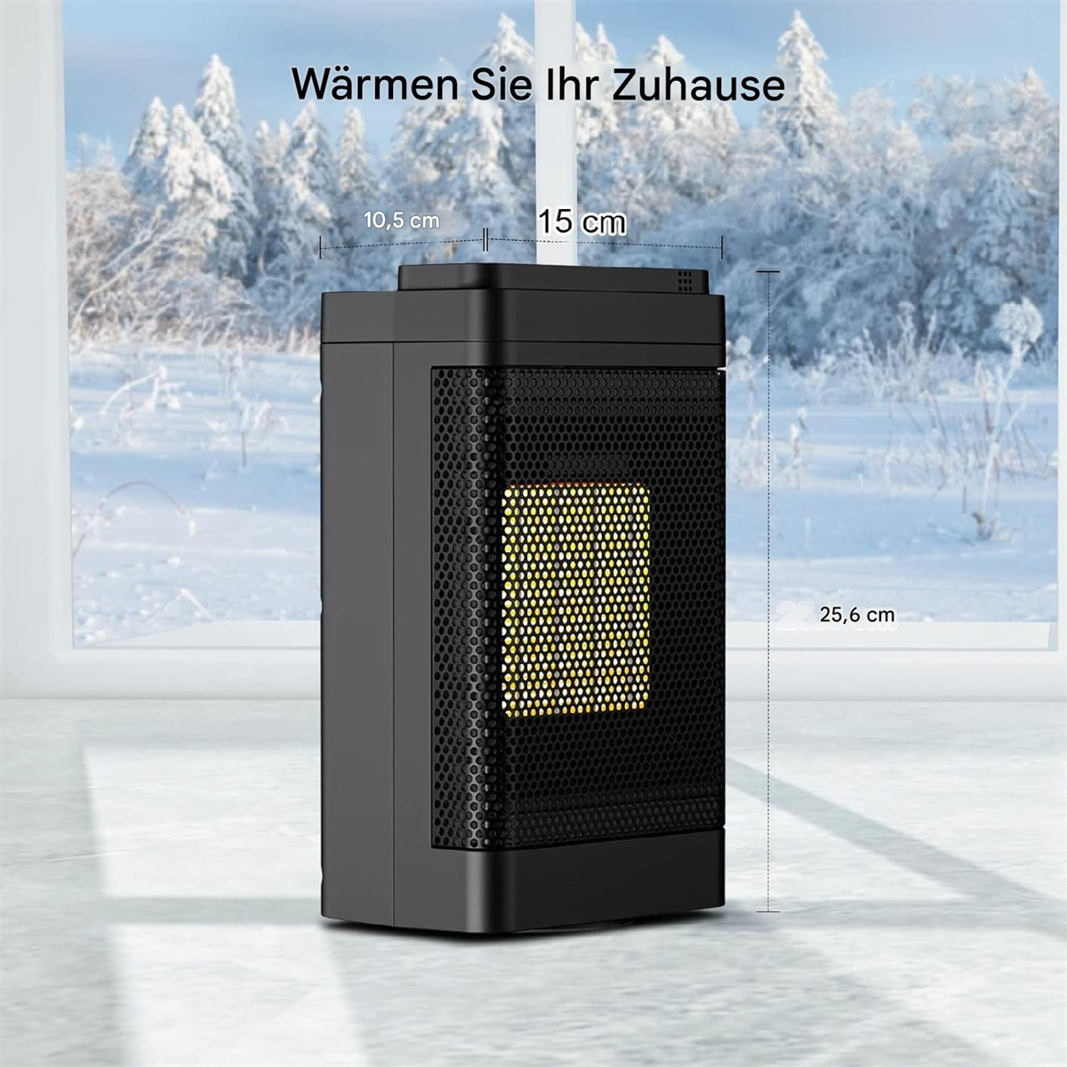 Schwarzer Elektroheizer vor einem Fenster mit verschneiter Landschaft. Schwarzer Hintergrund.