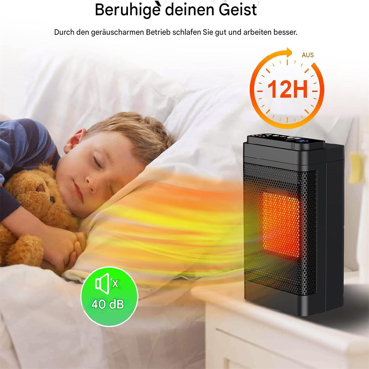 Ein Junge schläft neben einer Heizung. Die Heizung hat ein rot leuchtendes Element. Text sagt 'Beruhige deinen Geist', '40 dB'.