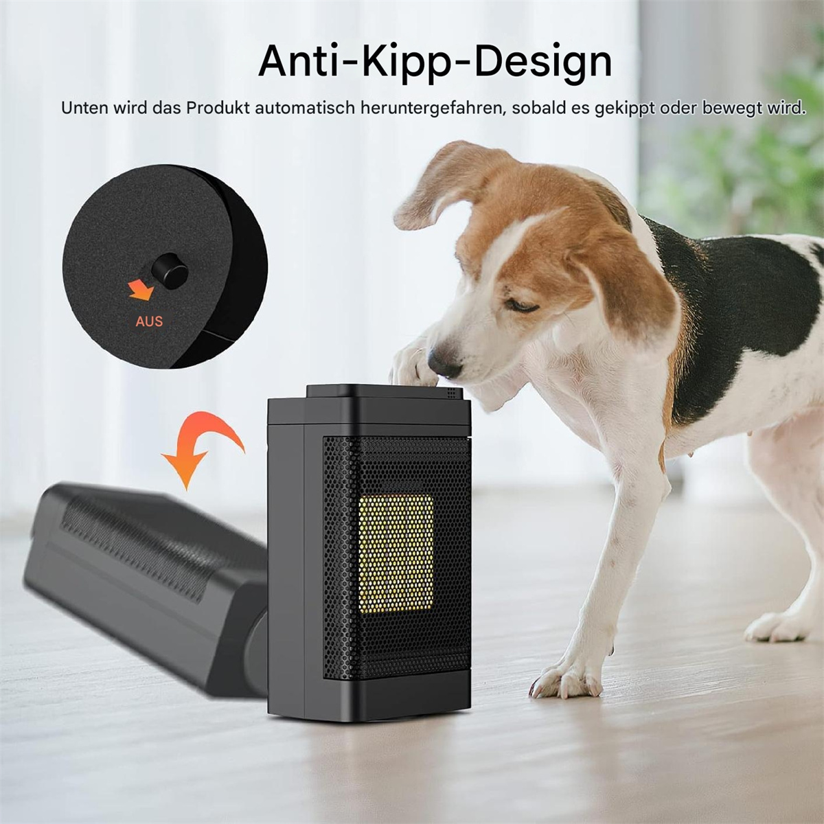 Eine kleine schwarze Heizung mit einem Hund in der Nähe. Die Heizung hat eine Kippwarnung.