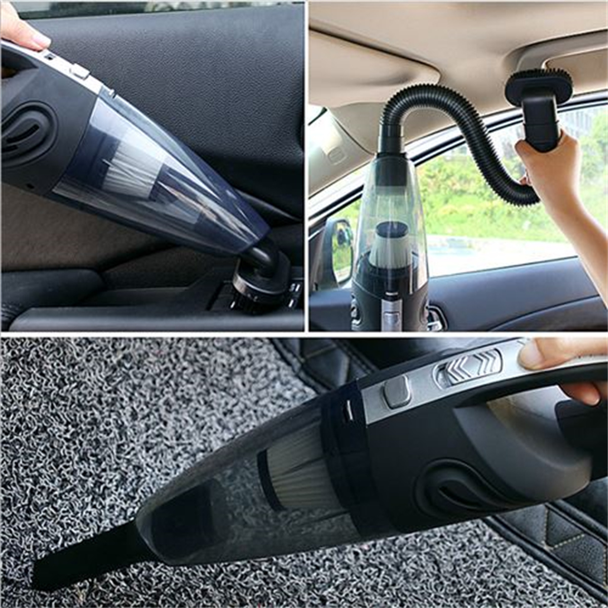 Ein Handstaubsauger wird in einem Auto verwendet. Detailaufnahmen zeigen die Düse und den Filter des Staubsaugers.