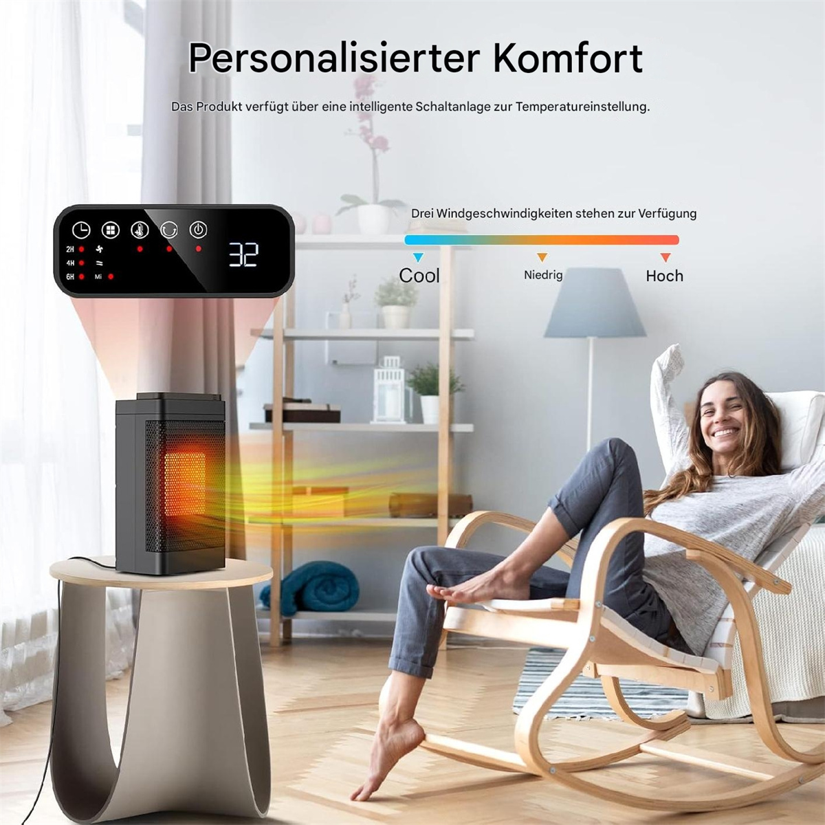 Eine Frau entspannt sich in einem Stuhl, während eine Heizung eingeschaltet ist. Digitalanzeige zeigt Einstellungen. Text auf Deutsch.