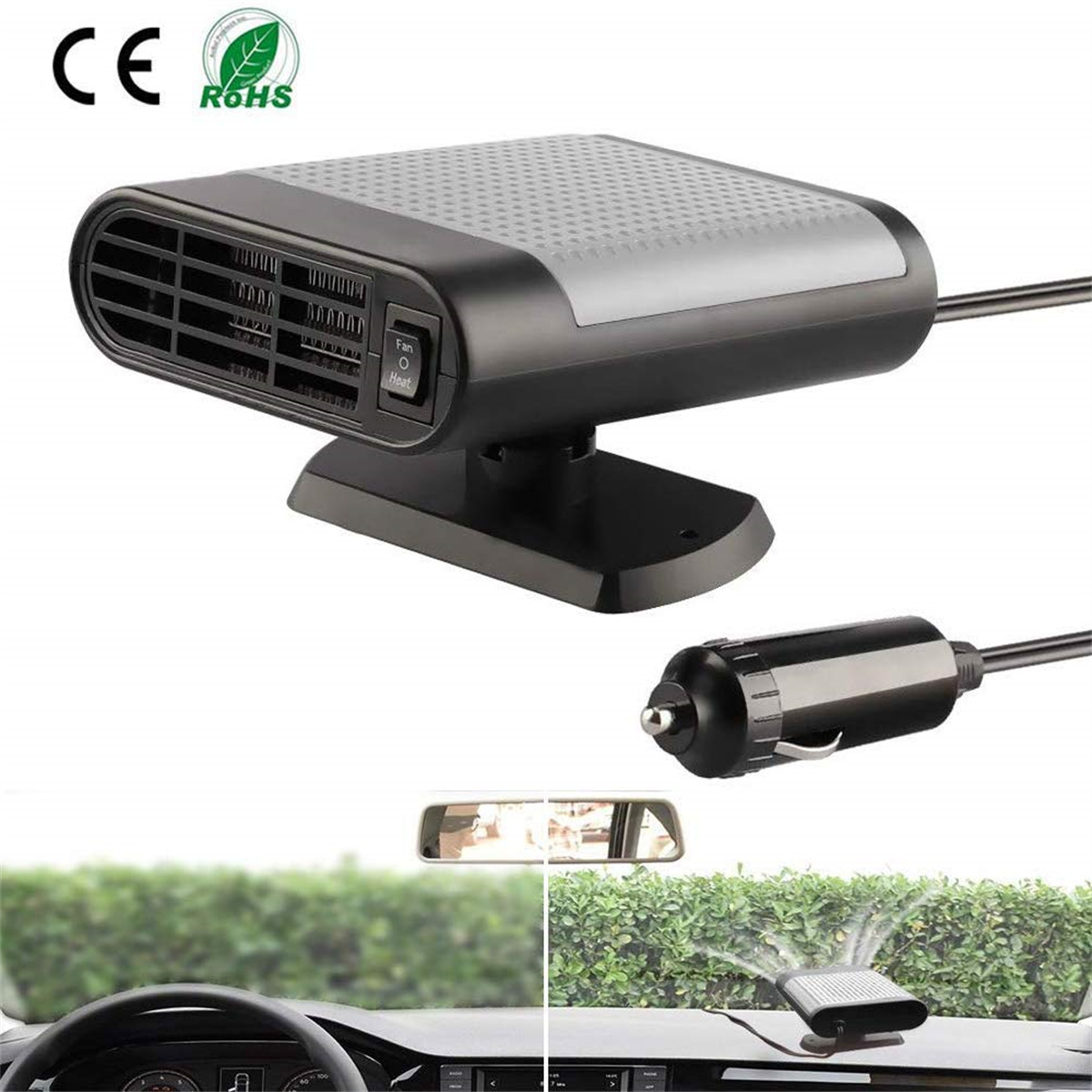 Schwarz-graue Autoheizung mit Netzstecker und Blick ins Auto.