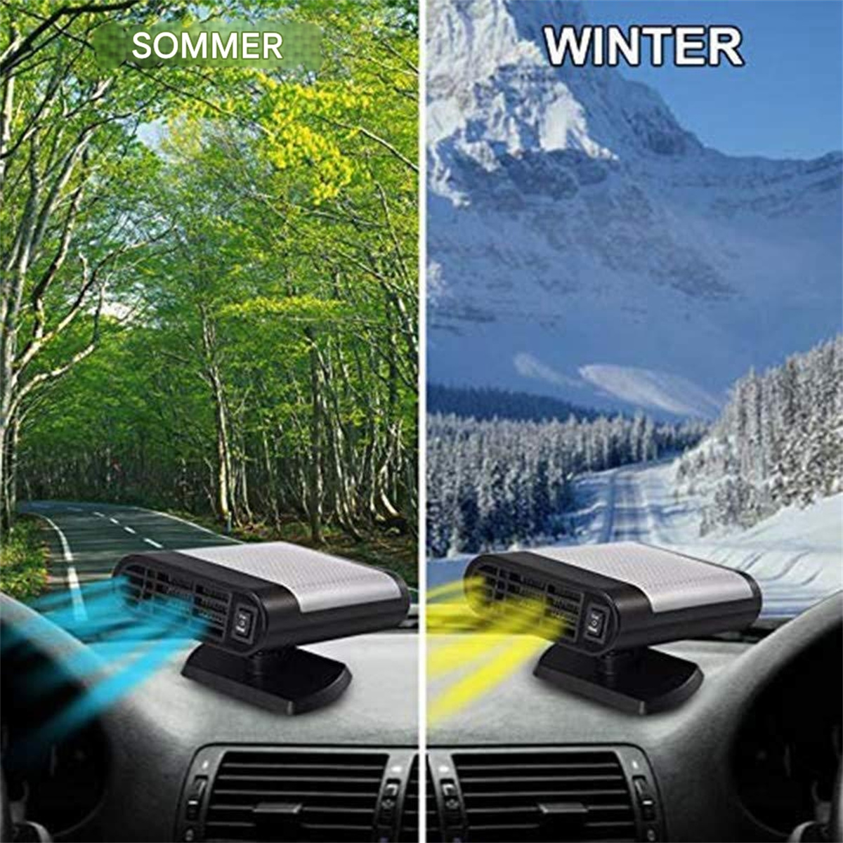 Ein geteiltes Bild zeigt Sommer- und Winterszenen mit einem Luftbefeuchter für die Autolüftung.