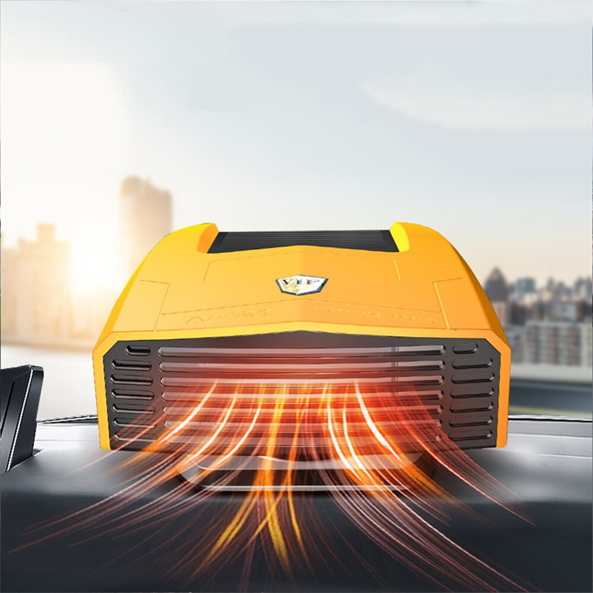 Ein gelber Auto-Luftauslass mit orangefarbenen Lichteffekten. Der Hintergrund ist unscharf.