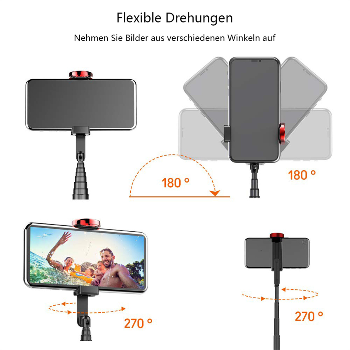 Mehrere Aufnahmen eines Telefons an einem Halter, die verschiedene Winkel zur Aufnahme von Fotos zeigen.