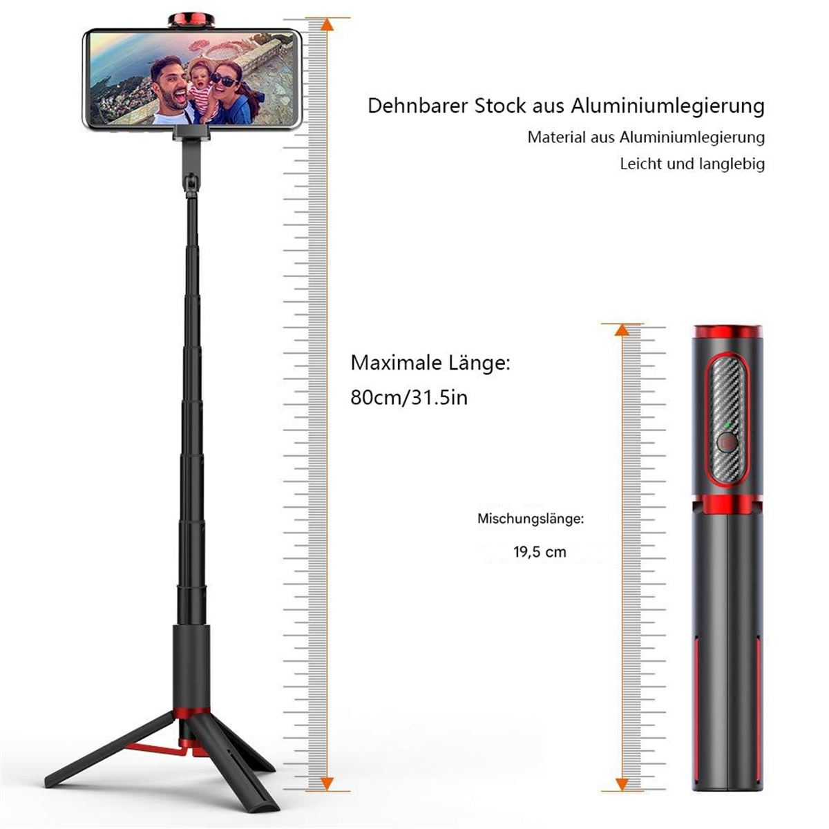 Stativ mit Telefon, Lineal und Text: Aluminiumlegierung.