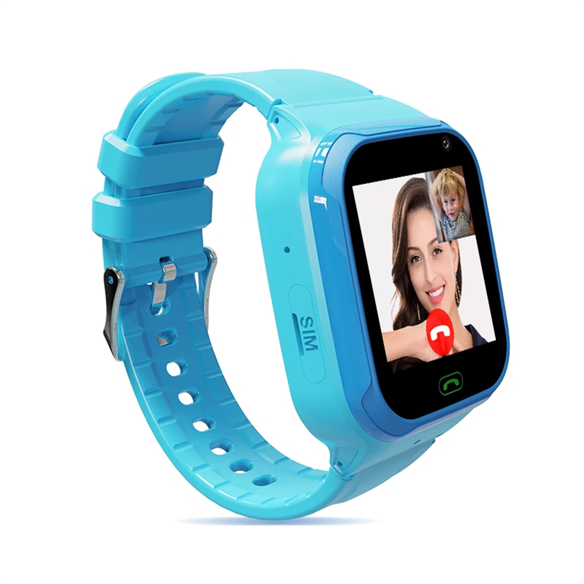 Blaue Smartwatch mit Videoanruf mit einer Frau und einem Kind.