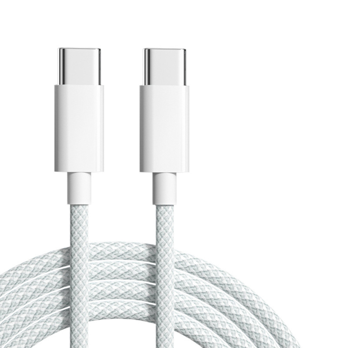 Weißes geflochtenes USB-C-Kabel mit weißen Steckern auf weißem Hintergrund.