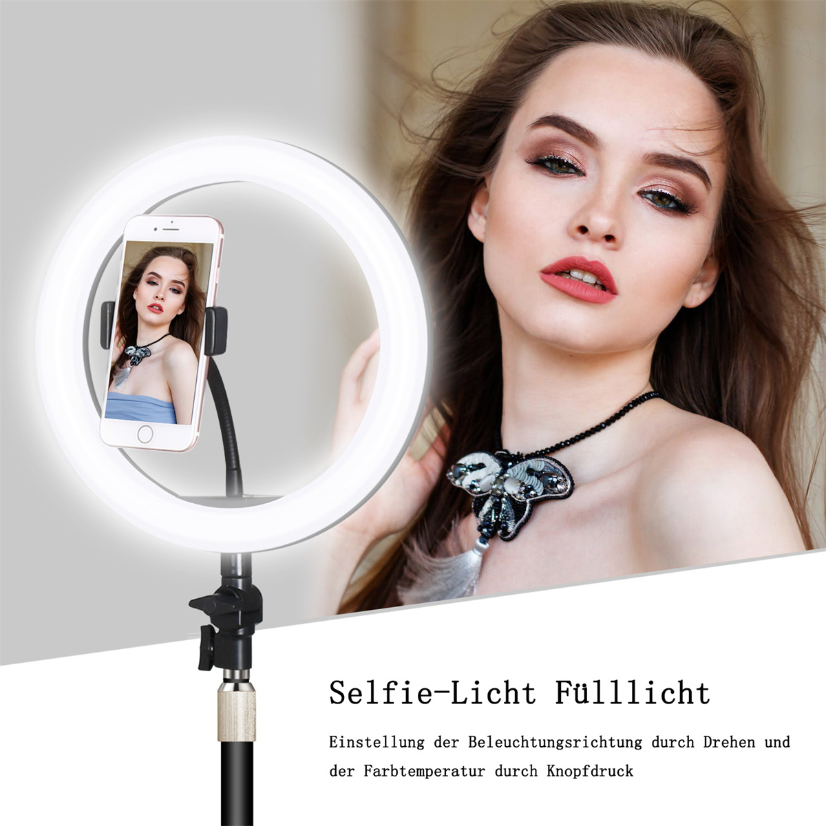 Eine Frau macht ein Selfie mit einem Ringlicht. Das Licht ist an. Der Text lautet 'Selfie-Light Full Light'.