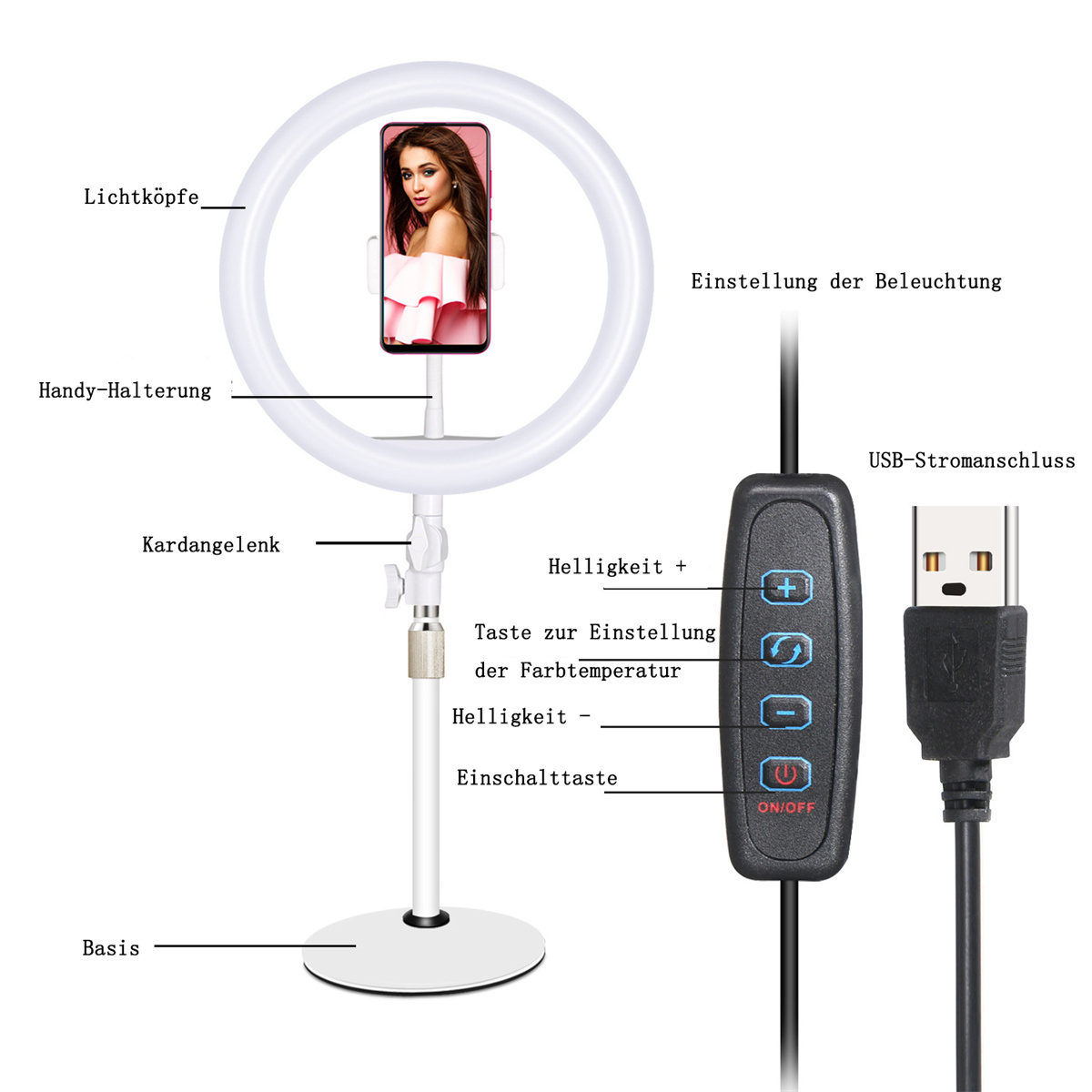 Weißes Ringlicht mit Smartphone in der Mitte. Es ist mit einem Bedienfeld und einem USB-Kabel verbunden.