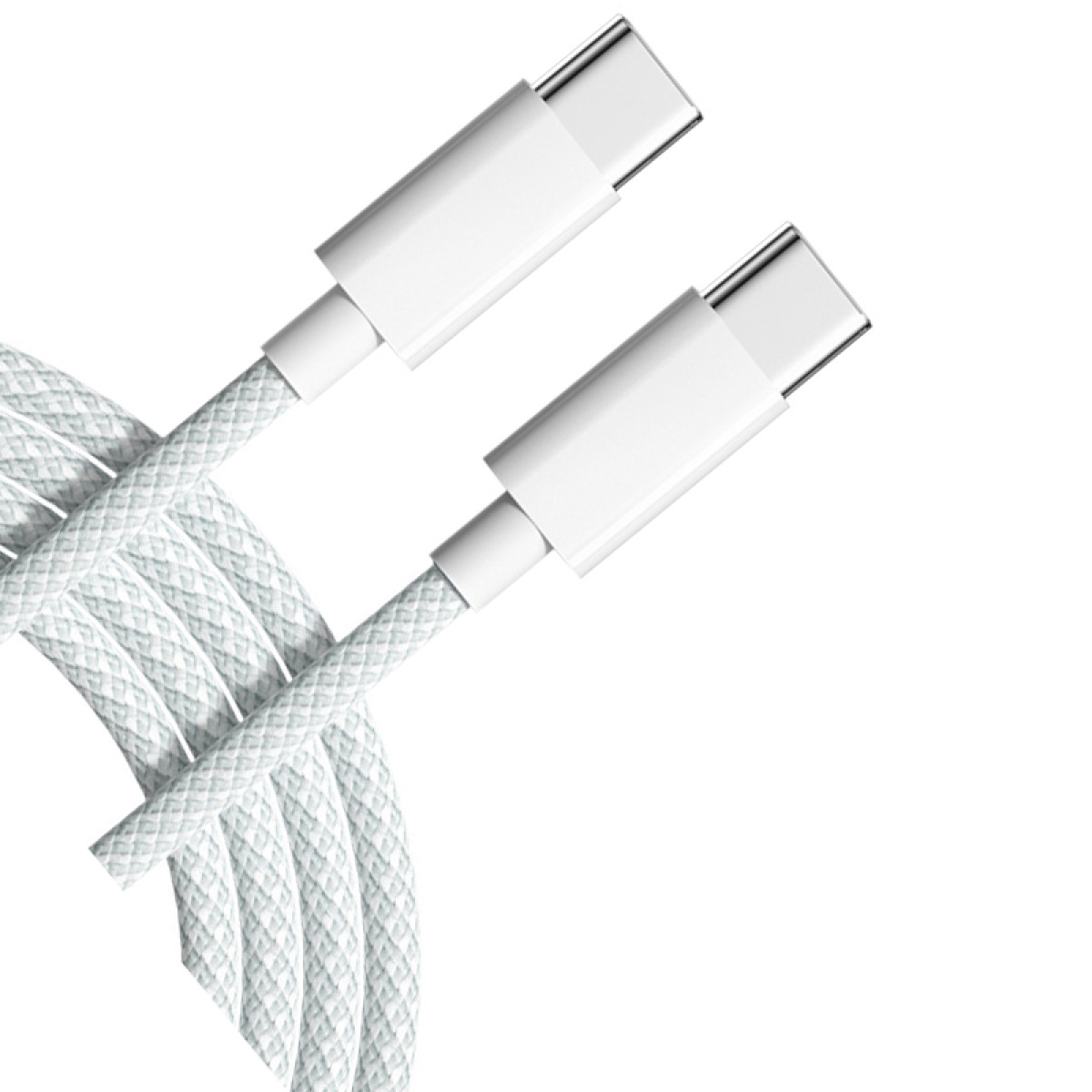 Zwei weiße USB-C-Kabel. Die Kabel sind mit USB-C-Anschlüssen verbunden, und der Hintergrund ist weiß.