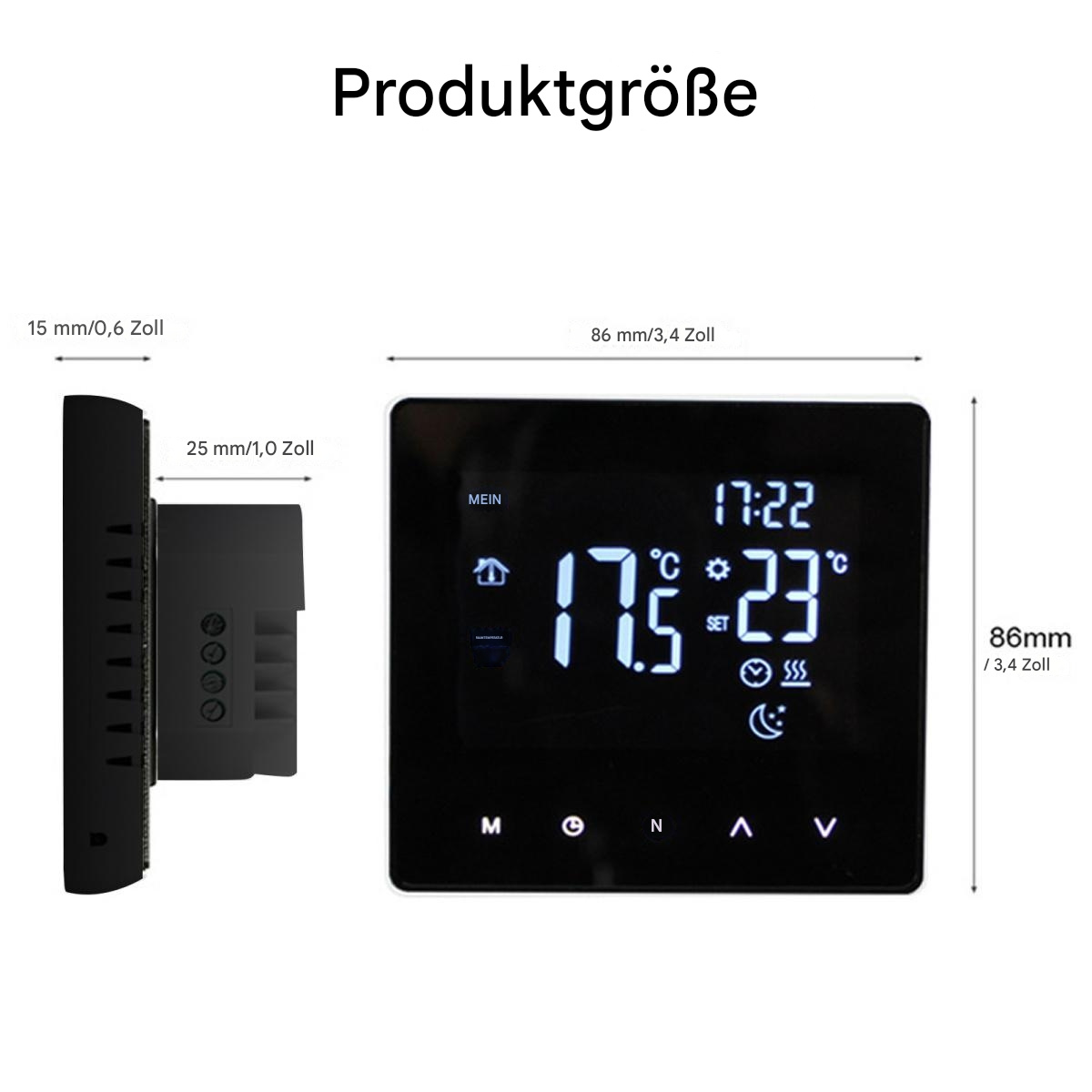 Ein Thermostat mit Display, das Temperatur und Uhrzeit anzeigt. Abmessungen beschriftet. Schwarz und weiß.