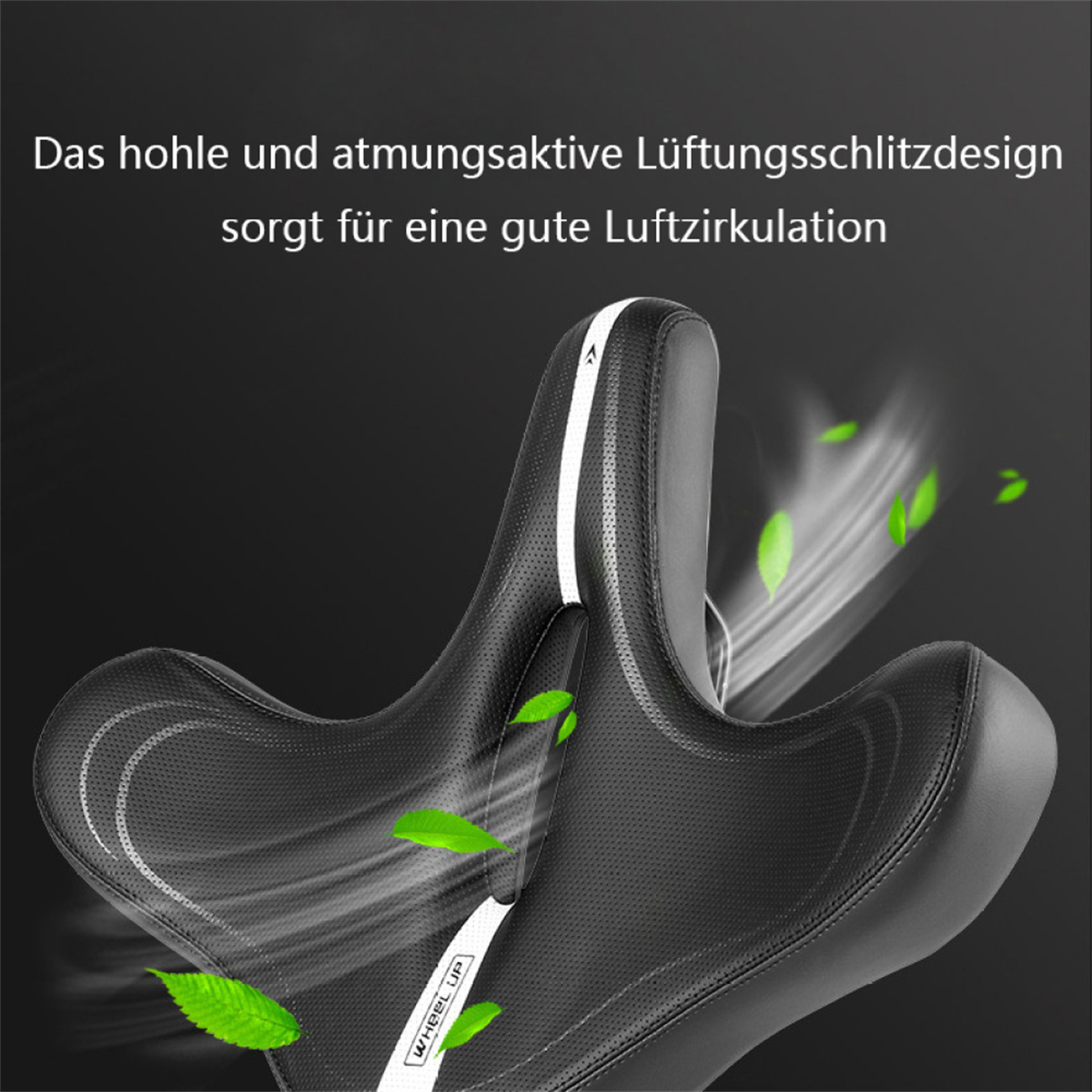 Ein schwarzer Fahrradsattel mit weißem Streifen und grünen Blättern in der Luft.