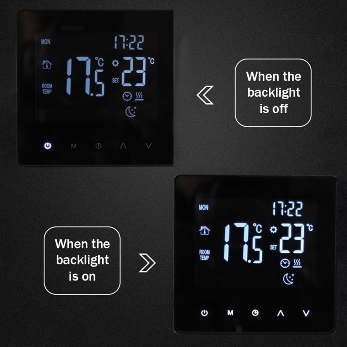 Zwei Bilder eines Thermostatdisplays, die Temperatur und Zeit mit und ohne Hintergrundbeleuchtung zeigen.