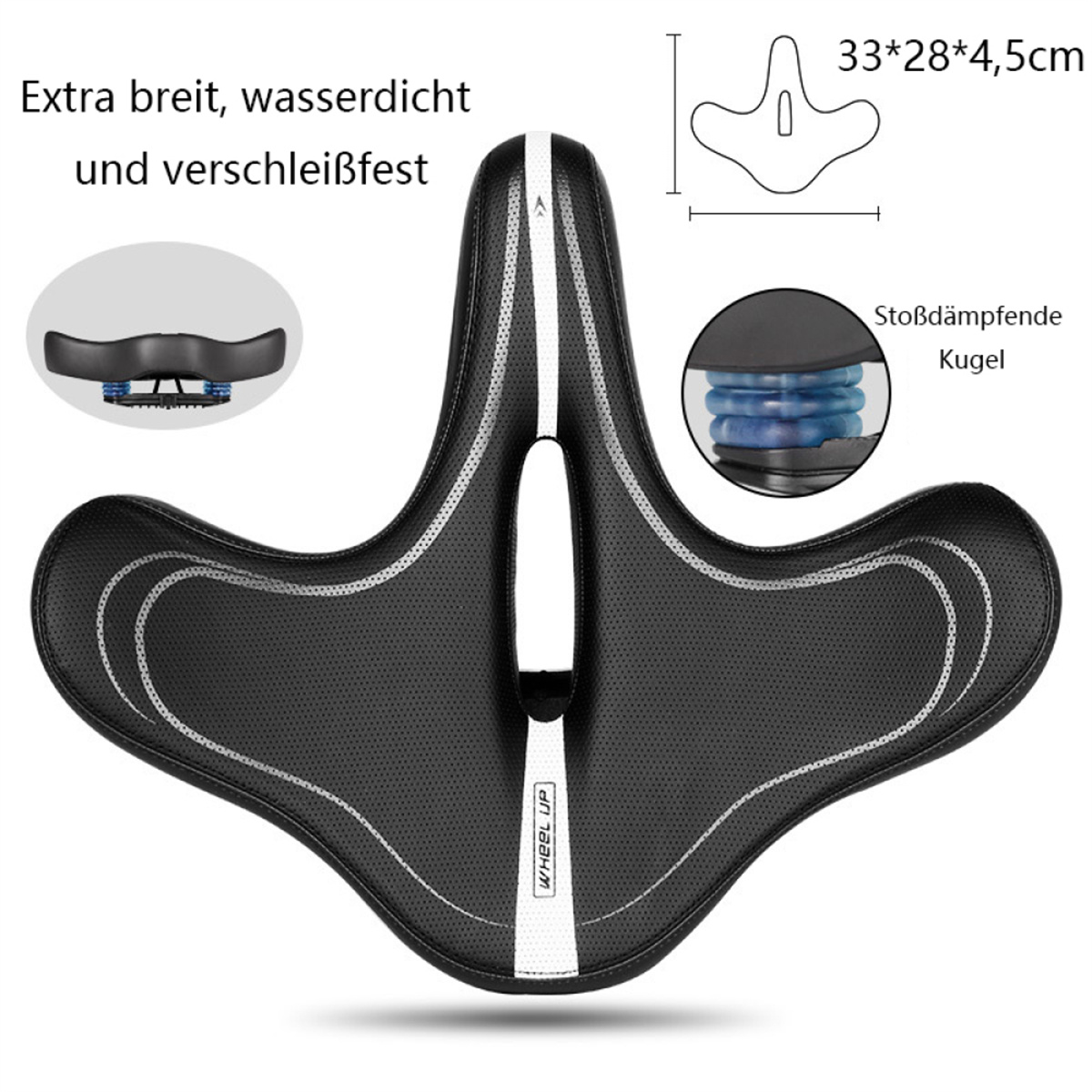 Schwarzer Fahrradsitz mit weißem Streifen. Text: extra breit, wasserdicht und verschleißfest.