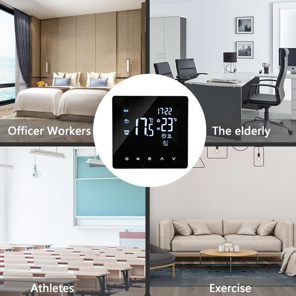 Ein digitaler Thermostat in vier Einstellungen: Schlafzimmer, Büro, Klassenzimmer und Fitnessraum.