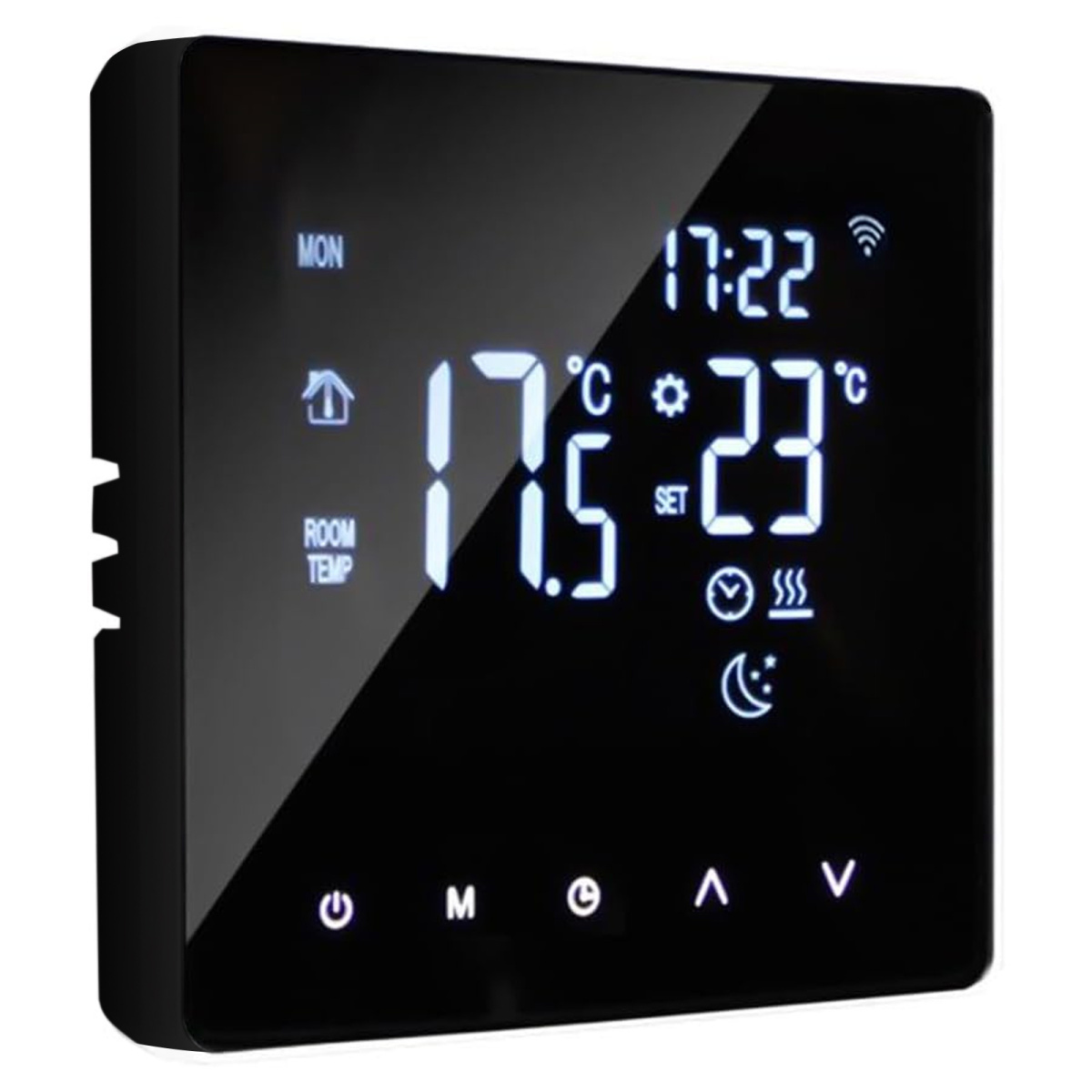 Ein schwarzes digitales Thermostat zeigt Raumtemperatur, Solltemperatur, Uhrzeit und WLAN-Signal an.