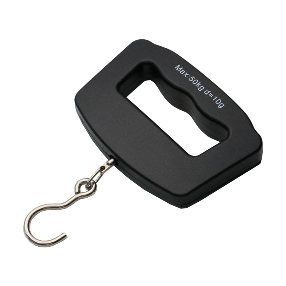 Schwarze Handwaage mit Griff und Haken. Der Griff hat Text: Max 50kg d=10g.