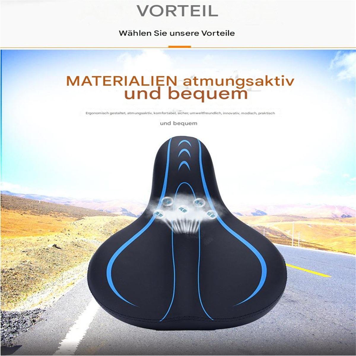 Schwarzer und blauer ergonomischer Fahrradsitz mit blauen Akzenten und weißem Hintergrund.